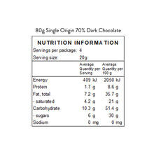 Load image into Gallery viewer, 70% Dark Chocolate Nutrition panel.  Shows kilojoules, calories, fat and sugar
