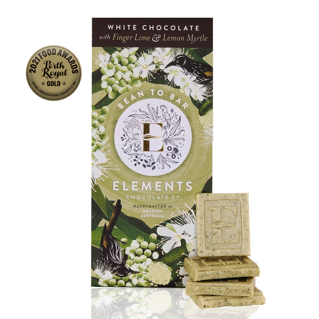 Australian Chocolate Bar with White Chocolate Finger Lime and Lemon Myrtle. Large 80 gram size