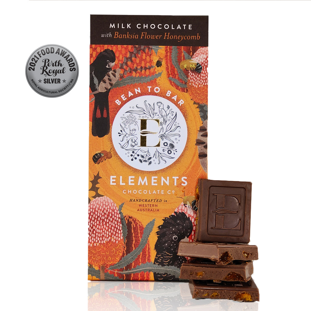 Australian chocolate bar with Banksia Flower Honeycomb and single origin bean to bar milk chocolate. 80gram bar size shown